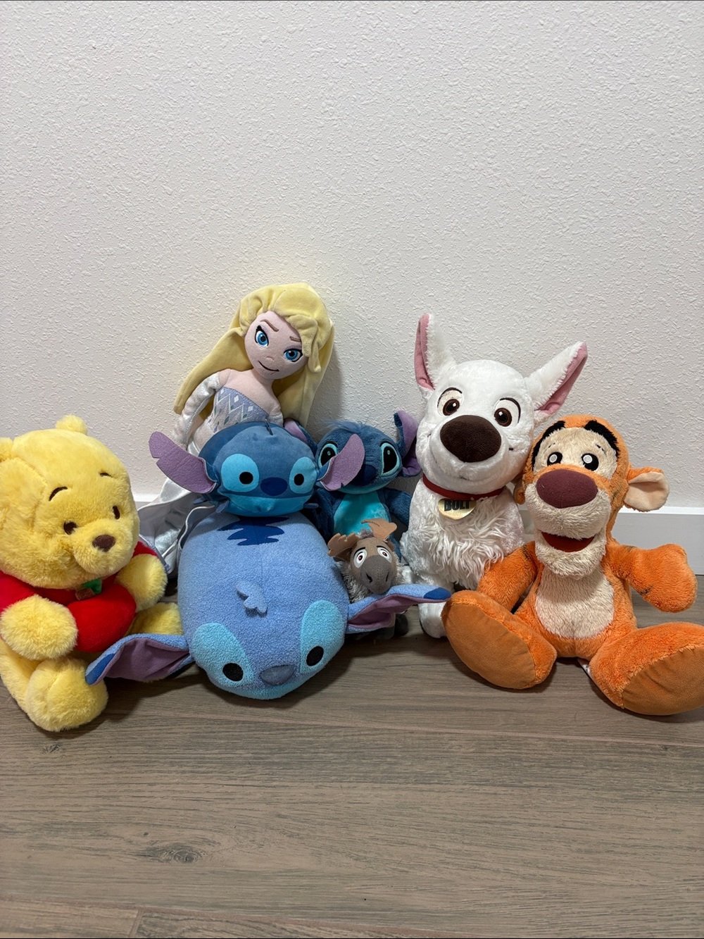 Disney Plush Lot of 8 Stitch, Bolt, Tigger, Winnie the Pooh, Elsa, Sven